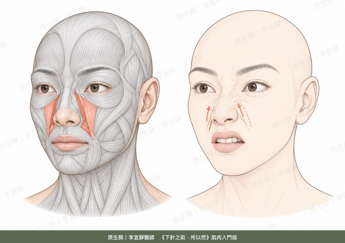 提上唇肌群的位置與收縮時的表情
