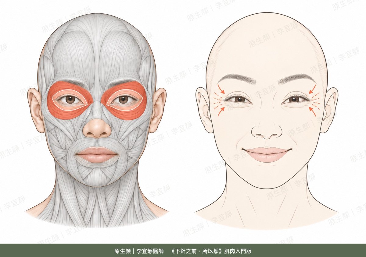 眼輪匝肌的位置與收縮時的表情