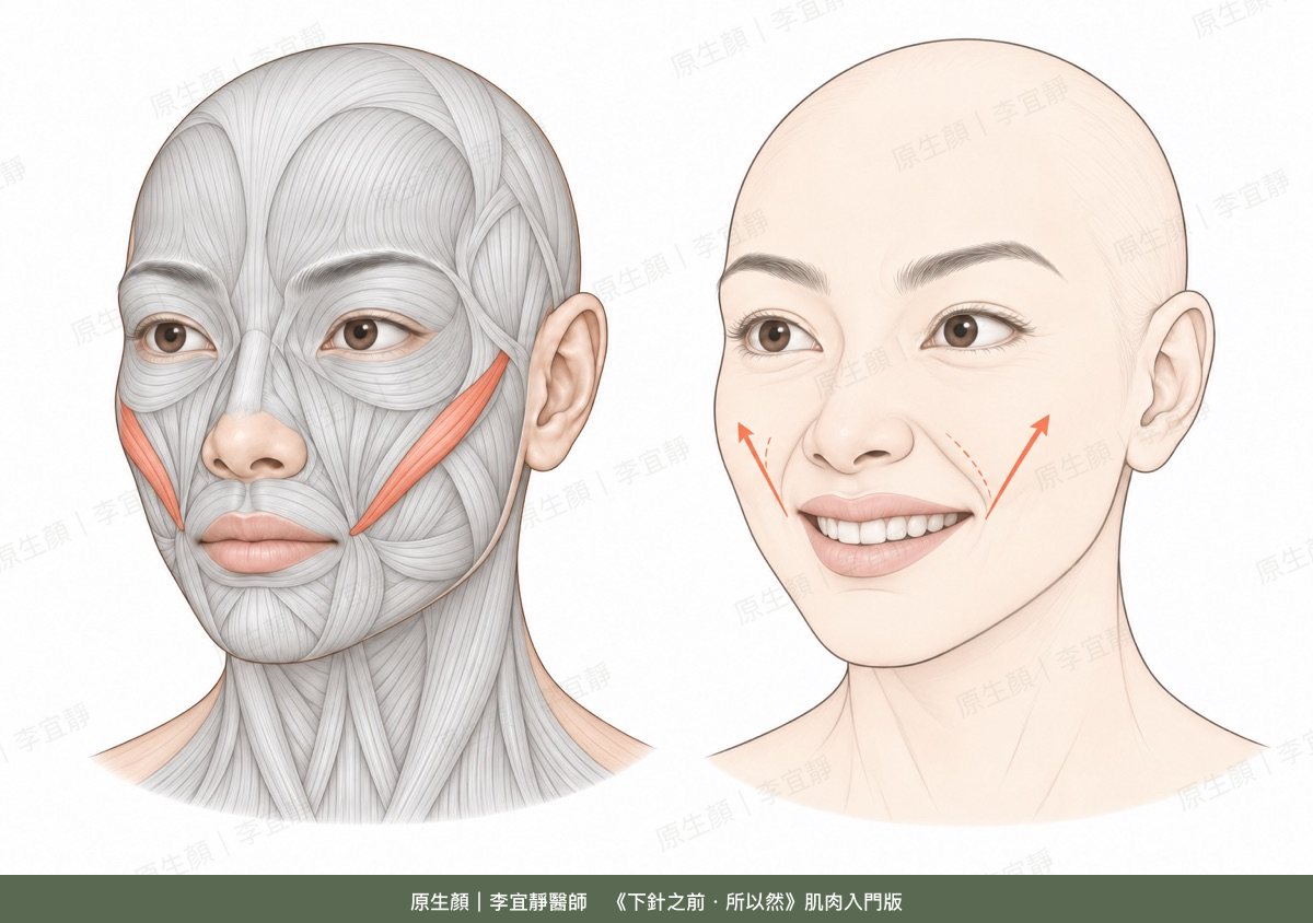 顴大肌的位置與收縮時的表情