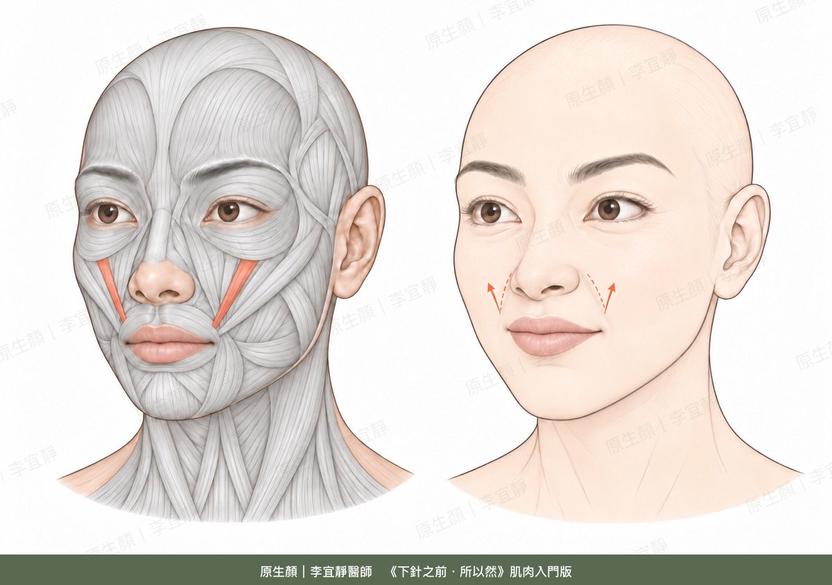 顴小肌的位置與收縮時的表情