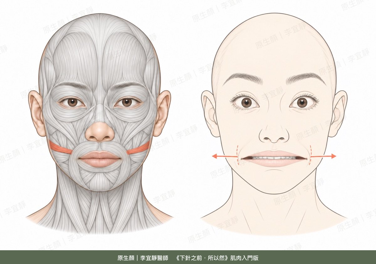 笑肌的位置與收縮時的表情